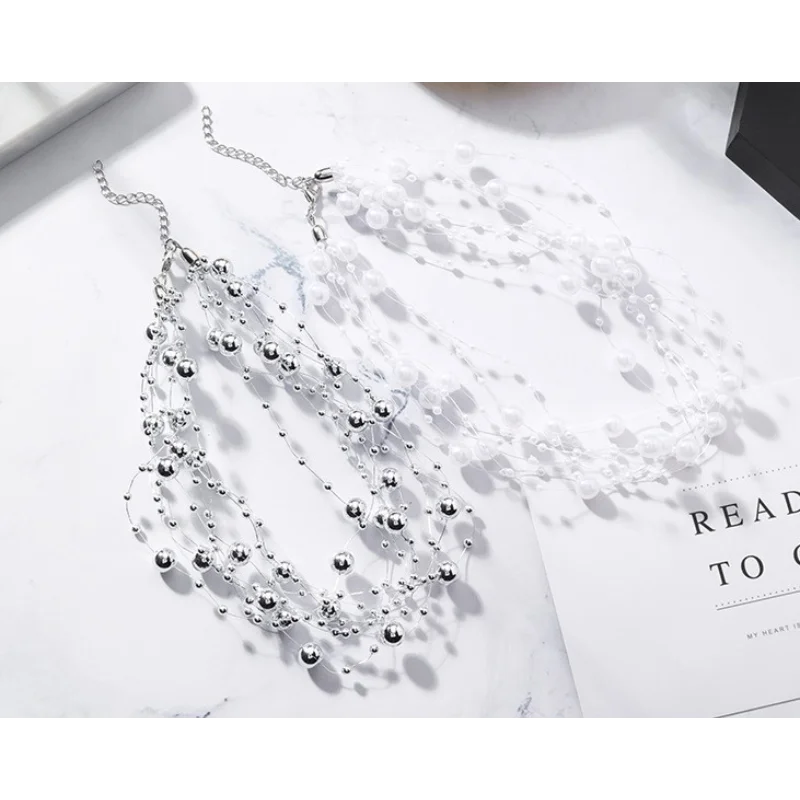 مزاجه اللؤلؤ متعدد الطبقات سلسلة الترقوة للنساء اليابانية والكورية بسيطة المنتقى طوق الرقبة مجوهرات قلادة قصيرة ne #5