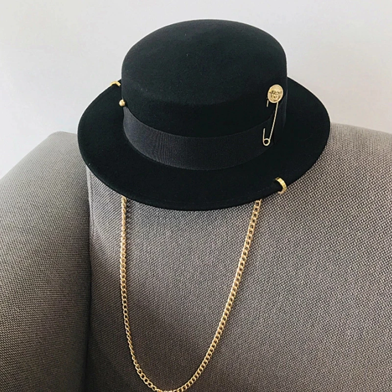 Ladies Wool Fedora Pearl Flat Top Wool Cap Unisex French Elegant Zip Design Hat Jazz Cap Wide Brim Wholesale