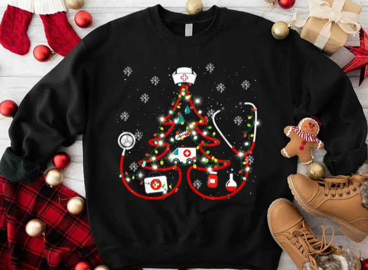 Christmas Tree Stethoscope Funny Doctor Sweatshirt Nurse Christmas Sweatshirt Gift for Healthcare Worker Harajuku Unique Hoodies