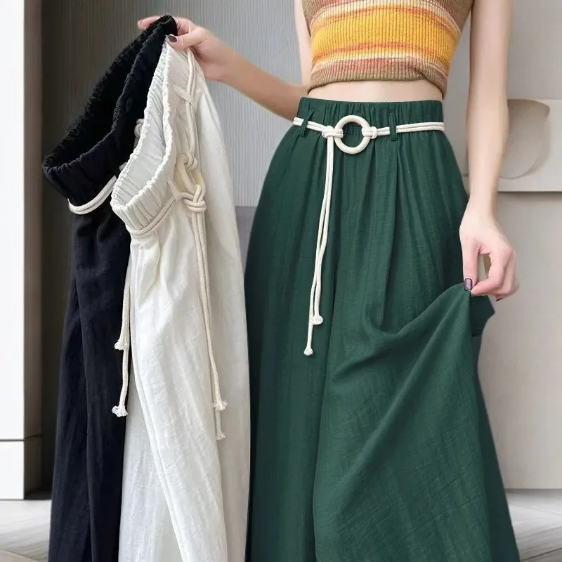 

Women's Linen Blend Wide Leg Pants with O-Ring Belt Green Casual Trousers with Elastic WaistYY259