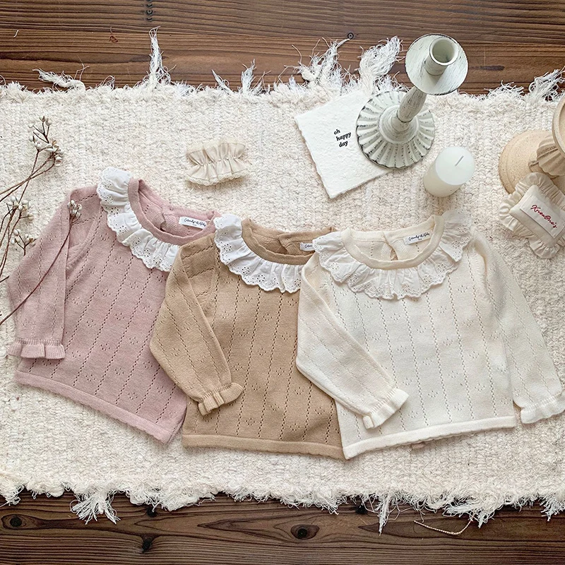 0-4Y Autumn New Baby Girls Clothes Baby Sweater Lace Toddler Knit Sweater Newborn Knitwear Long Sleeve Cotton Baby Pullover Tops