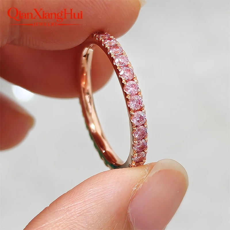Pink Color 2mm Round Moissanite Full Eternity Ring Band Yellow / Rose Gold Plated S925 Silver Diamond Engagement Jewelry