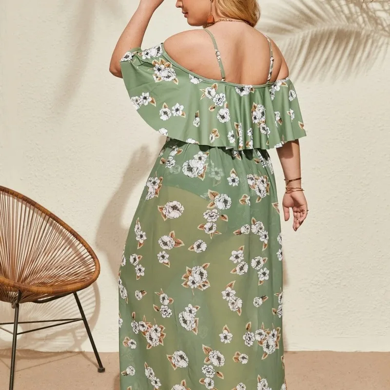 Damen-Bikini-Set in Übergröße mit hoher Taille – Überzug mit Rüschenrock und Blumendruck