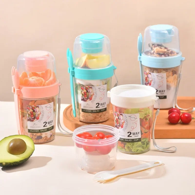 1Pc Breakfast Fruit Oat Yogurt Salad Cup With Lid And Spoon Two-layers Food Storage Bento Box Fitness Fat-Reduced Taper Bowl