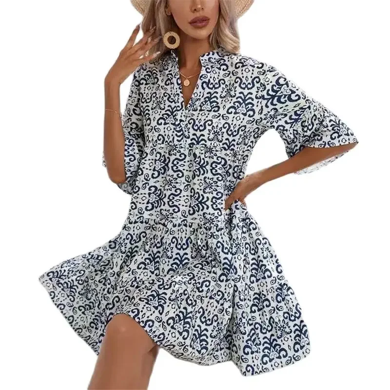 

Elegant Bohemian Print Multi-layer Patchwork Dresses Women Half Sleeves V Neck Pullover Dress Casual Loose Frock New Female Gown