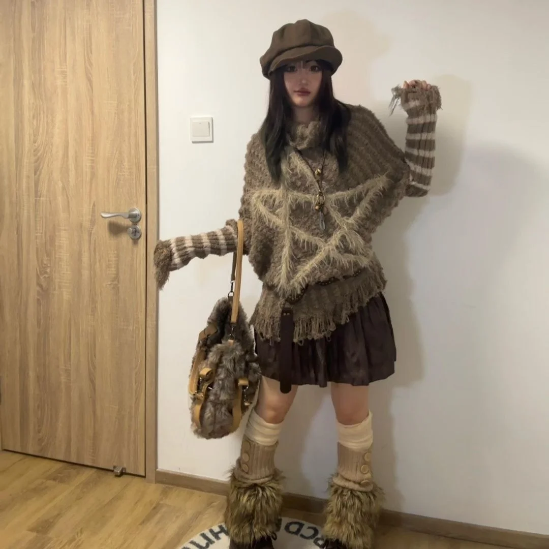 Herfst en winter nieuwe retro punk straat opstandig wandelen gevoel pentagram streep losse gebreide trui voor dames