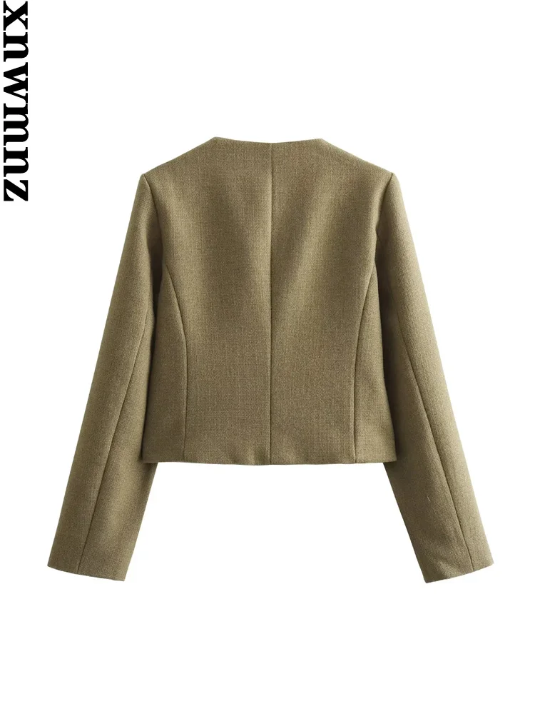 XNWMNZ Women\'s Fashion 2023 Autumn/Winter Flap Pocket Crop Jacket Women Vintage O Neck Long Sleeve Versatile Female Blazer