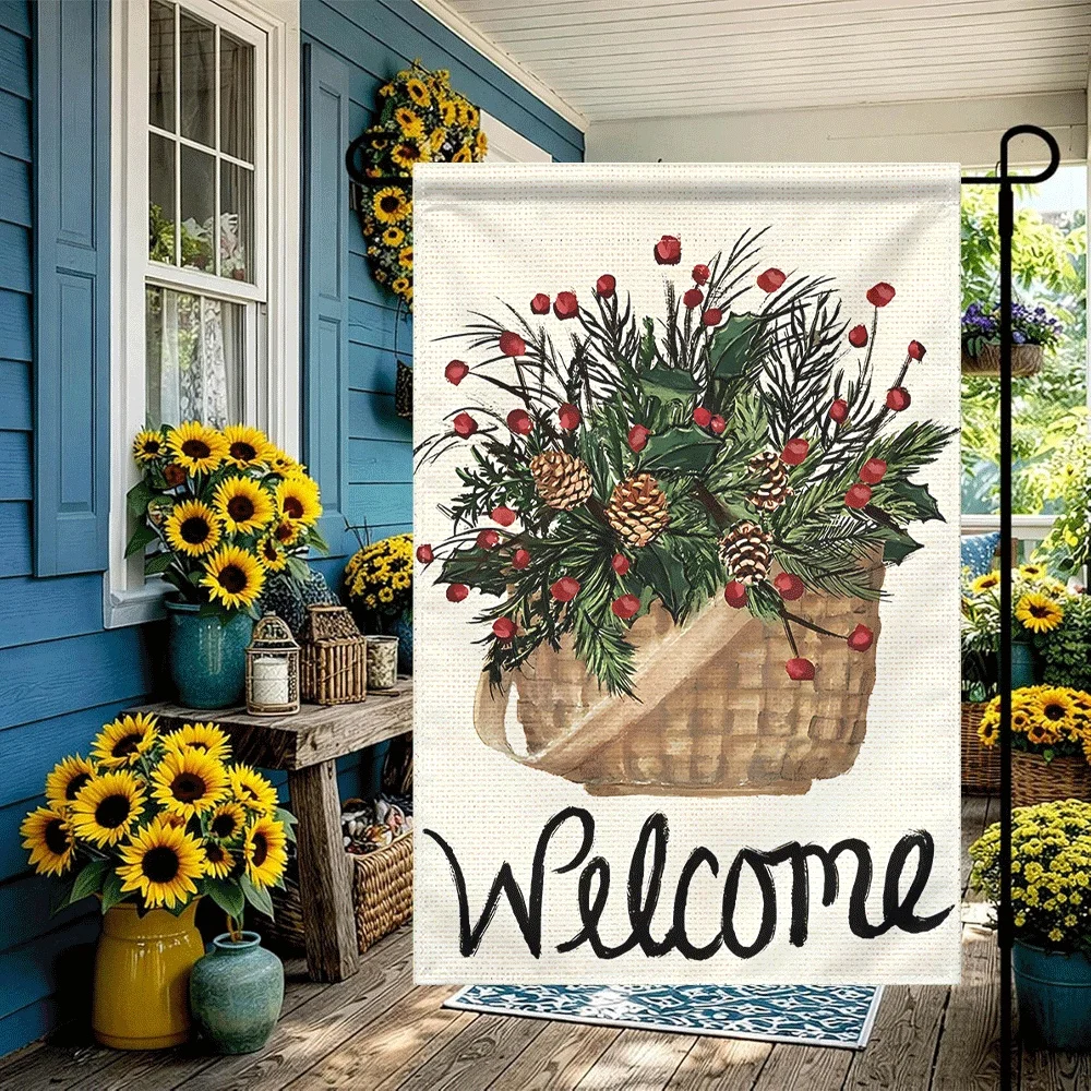 

1PC Welcome Christmas Garden Flag, Holly Pinecone Red Berries Print Outdoor Yard Flag, Rustic Winter Holiday W