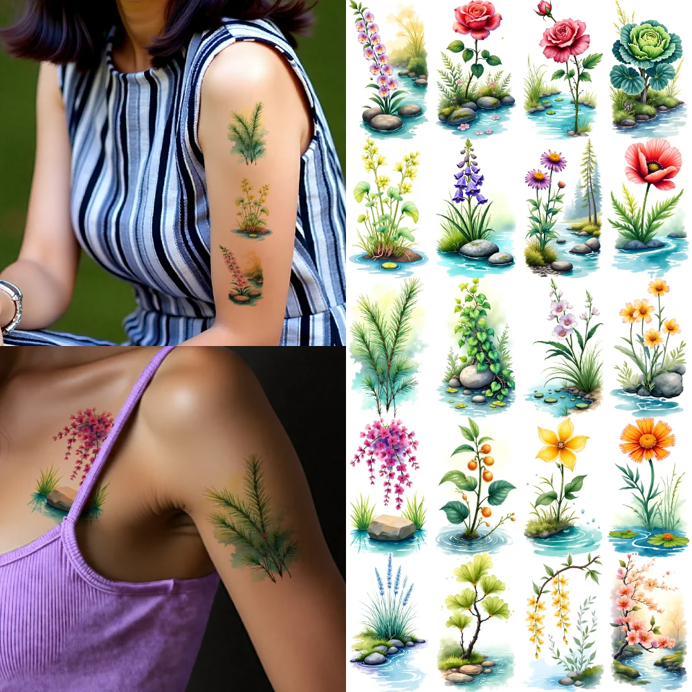 

9pcs Temporary Tattoo Floral Designs Waterproof Long-lasting Body Stickers Nature Illustrations Flower Patterns Watercolor