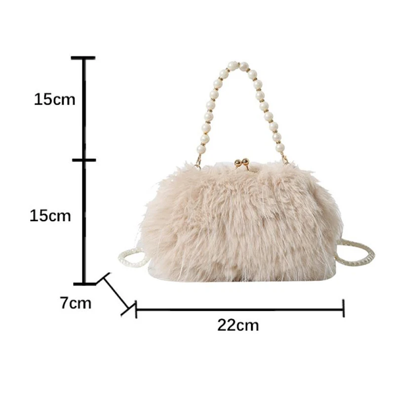 Fashion Women's Plush Handbags Pearls Top Handle Evening Party Clutch Purse Shoulder Messenger Bags Ladies Small Square Fur Bags