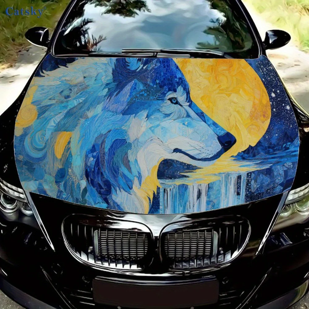 

Dynamic Blue Wolf and Waterfall - Luminous Yellow Moon Car Hood Sticker, Personalized & Trendy Auto Art Decal, Self-adhesive Wat
