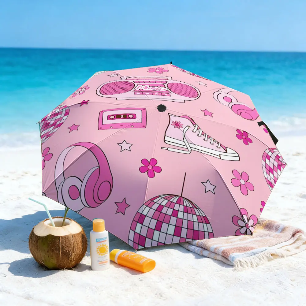 1PC Retro Picnic Vibes with Pink Umbrella Print 8 Iron Ribs Folding Umbrella Auto-Open Fashion Sunshade