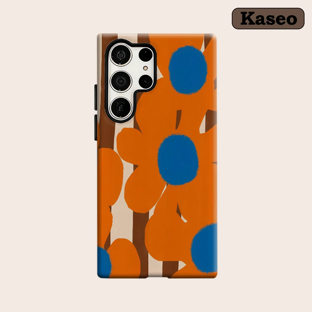 Kaseo Phone Case for Samsung Galaxy S26 S25 Ultra S24 Ultra Plus Shockproof Double Layer Brown Stripe Orange Blue Flower Cover