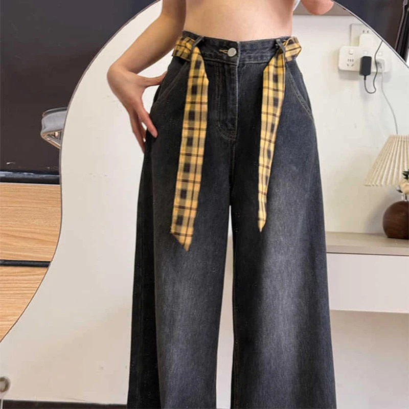 아메리칸 스타일 블랙 그레이 스트레이트 청바지 여성 여름 새로운 격자 무늬 붕대 높은 허리 넓은 다리 데님 바지 스트리트웨어
