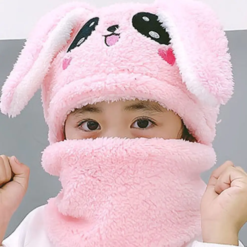 

Unique Cute Rabbit Bunny Ear Protector Face Protection Solid Color Korean Cap Children Hat With Bib Plush Hat