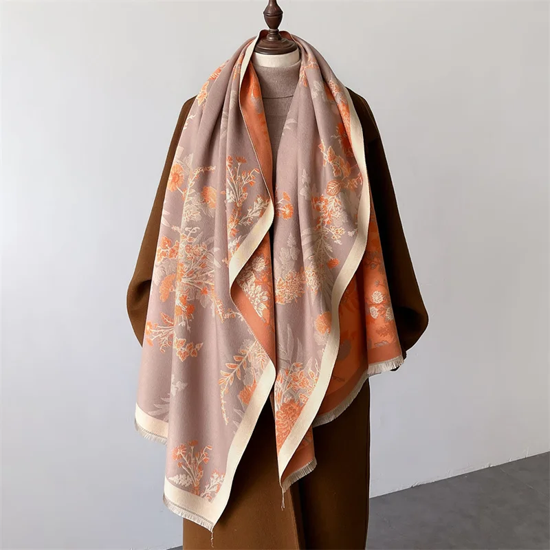 2024 Luxury Floral Print Scarf for Women Warmer Winter Cashmere Pashmina Scarves Shawls Female Thick Blanket Wraps Foulard