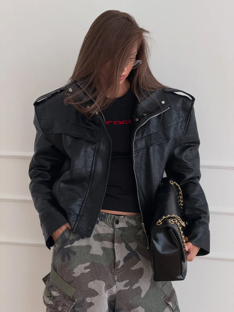 Ladies Olive Green Faux Leather Biker Jacket High Collar Zip Up Oversized Motorcycle Coat Fall Streetwear Loose Moto Outerwear
