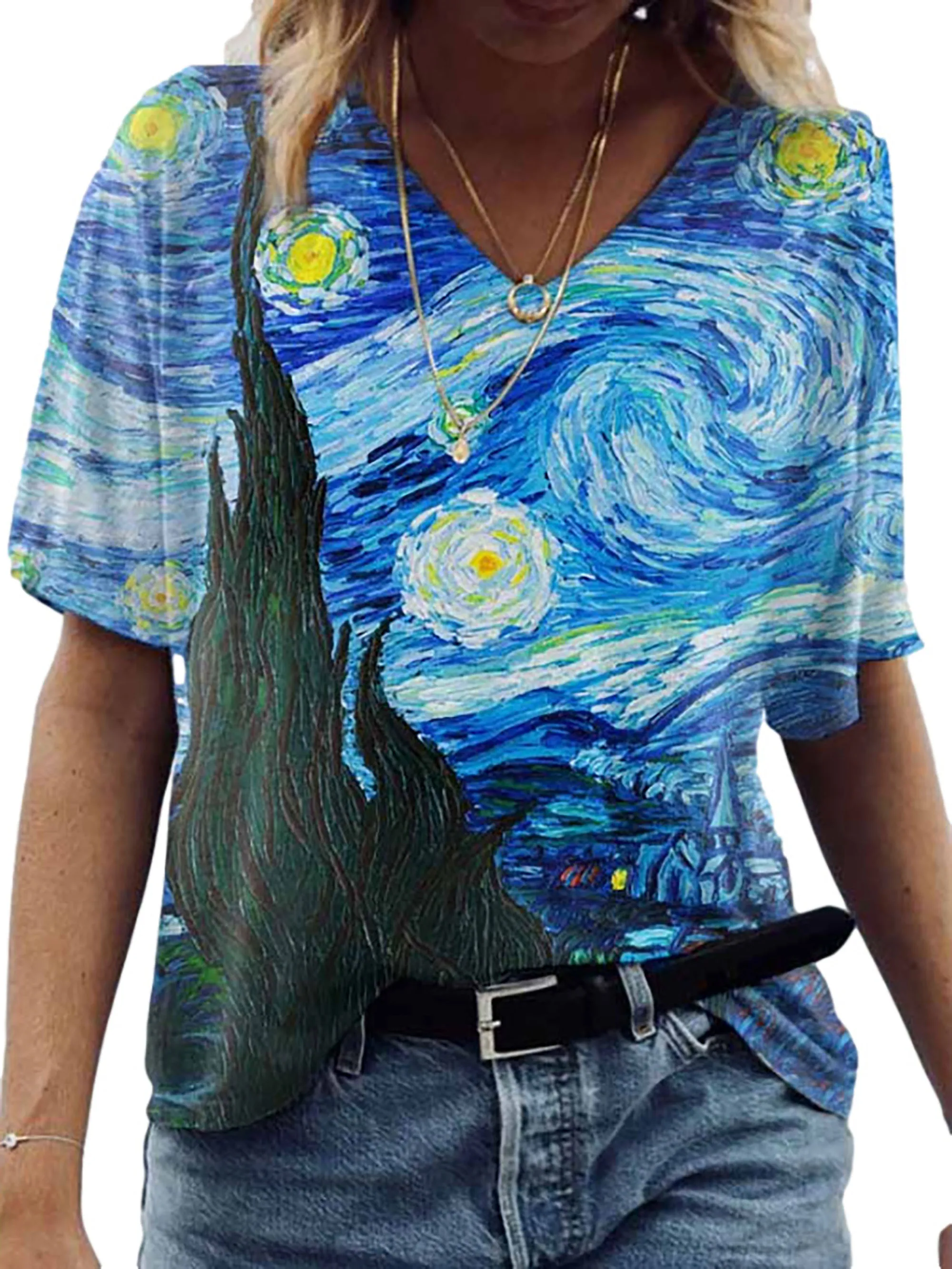 2024 Europe and the United States spring new Van Gogh\'s starry night oil painting theme printed V-neck short-sleeved blouse woma