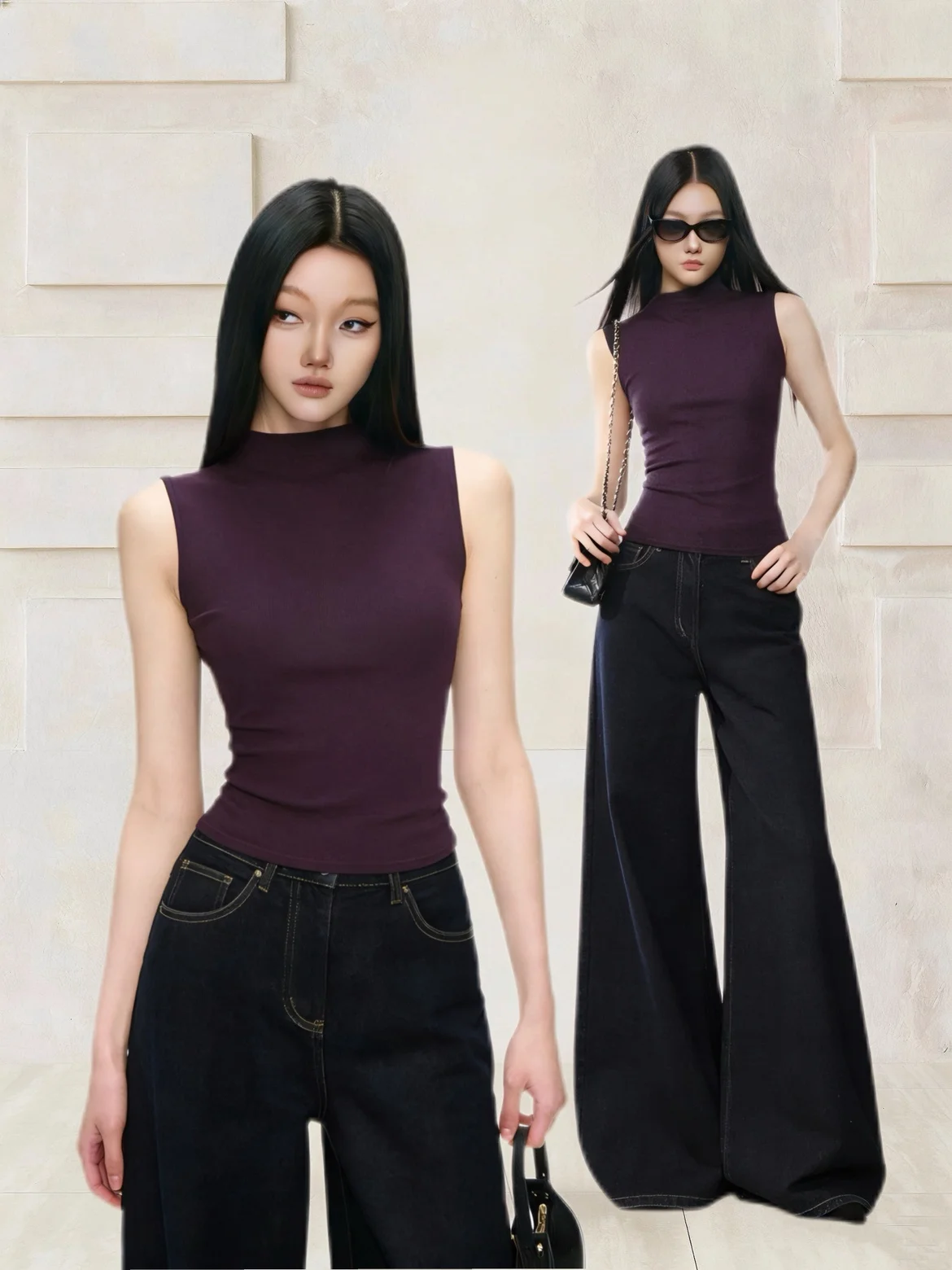 

Slim Fit High Waist Bell Bottom Pants Set with Sleeveless High Collar Top in Deep Blue for Young Women Elegant Summer Outfit