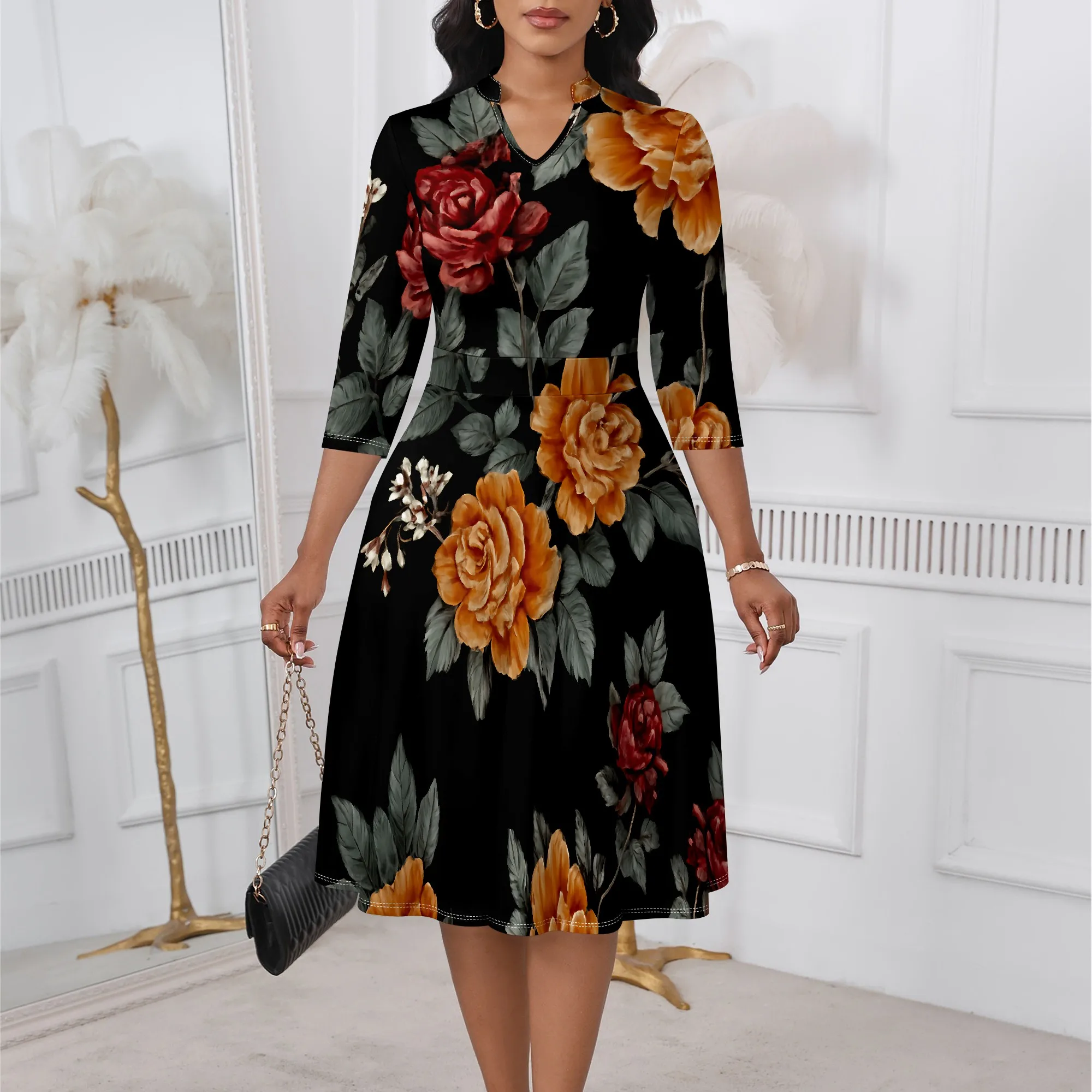 

Floral Print A-Line Dress XS-3XL V-Neck for Spring Picnic, Garden Party or Casual Day Out Look