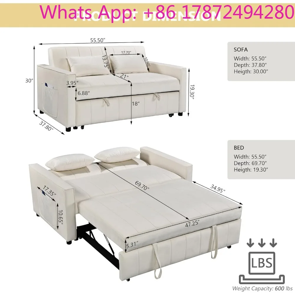 Small Sleeper Loveset Sofa Velvet Pull Out Couch Bed with 3 Levels Adjustable Backrest and Side Pockets