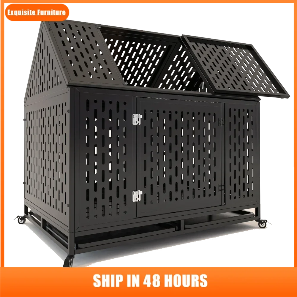 

45" Heavy Duty Dog Crate Indestructible Pet Dog Cage Crate Kennel with Roof Top 2 Doors Removable Trays, Lockable Wheels, Escape