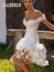 SAROULU | Cute Mini Wedding Dress Off The Shoulder Sleeves Floral Lace-up Back Bridal Gown Midi Summer Bride Dresses