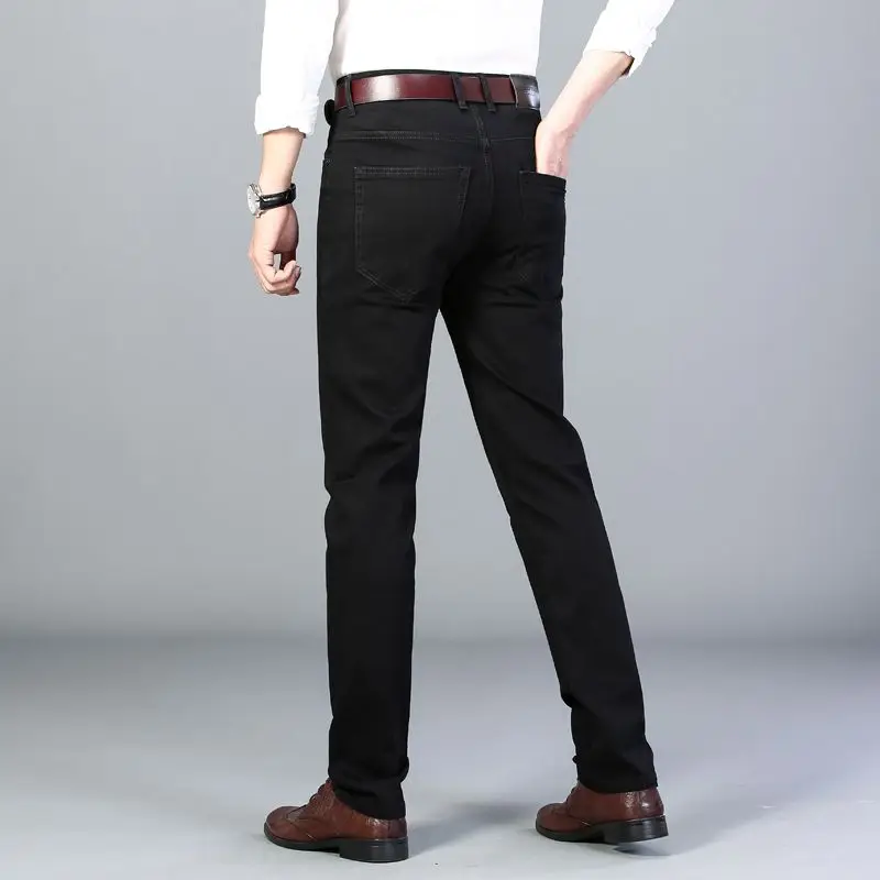 الرجال الجينز مرونة عادية مستقيم الساق الخريف الرجال بنطال ملاصق للجسم قابل للغسل تمتد الأعمال مريحة الأسود سراويل جينز #6