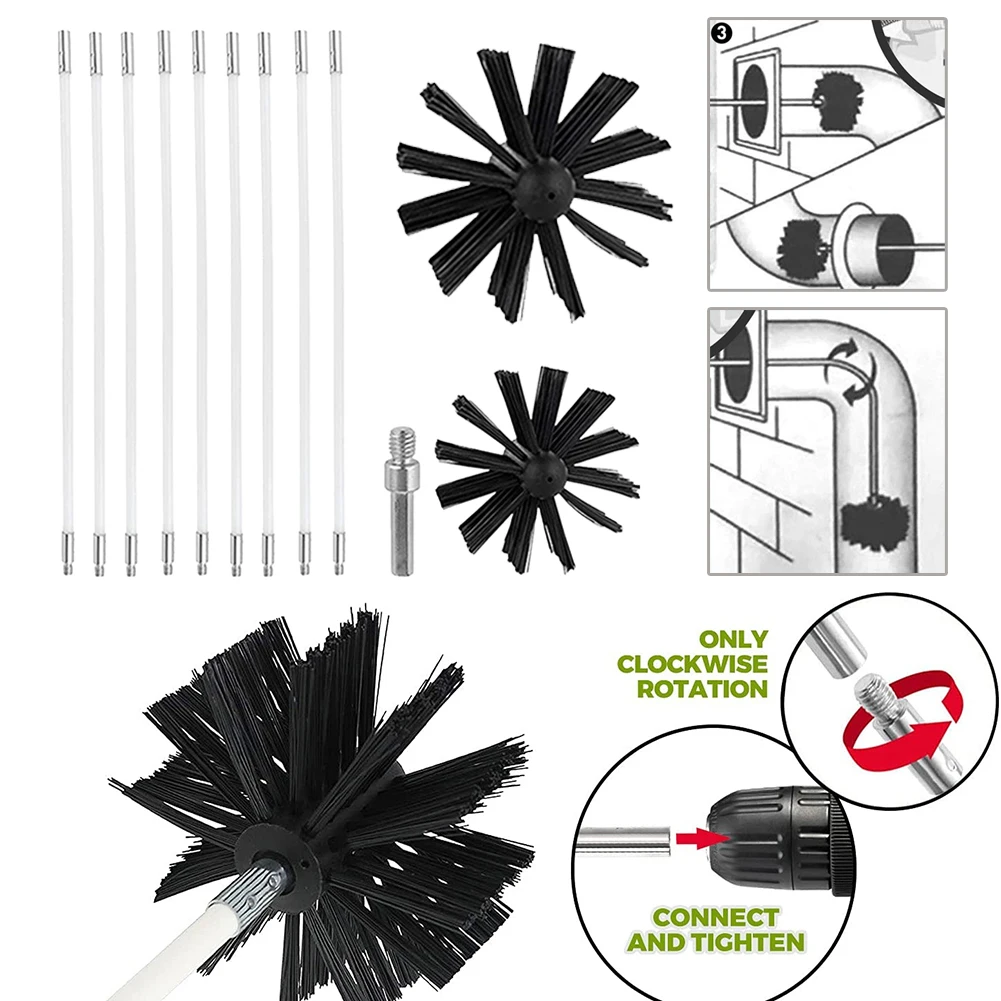 Juego de barrido de chimenea, cepillo y varilla para barrer humos, cepillo para chimenea, cabezal de cepillo de 100/150/200 mm, limpieza de paredes interiores de chimenea de tubería
