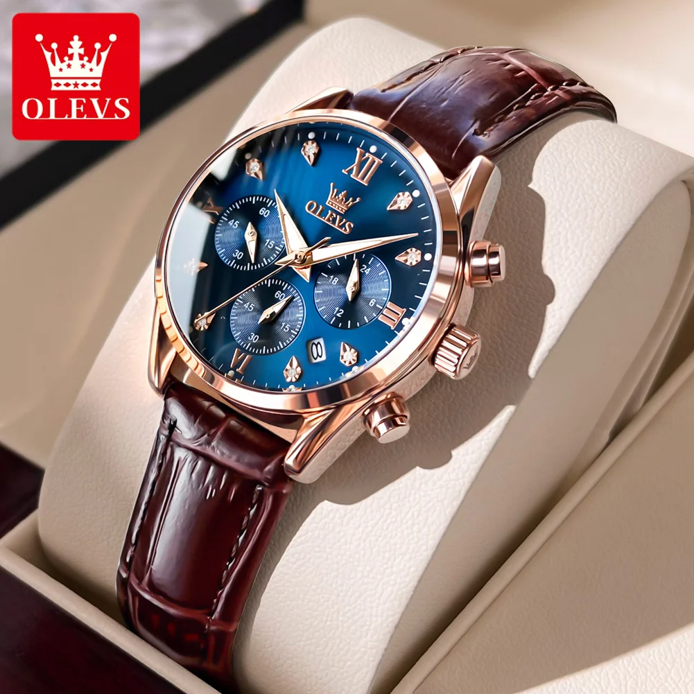 OLEVS Brand New Fashion Blue Quartz Watch for Women Brown Leather Strap Chronograph Watches Luxury Diamond Ladies Wristwatch