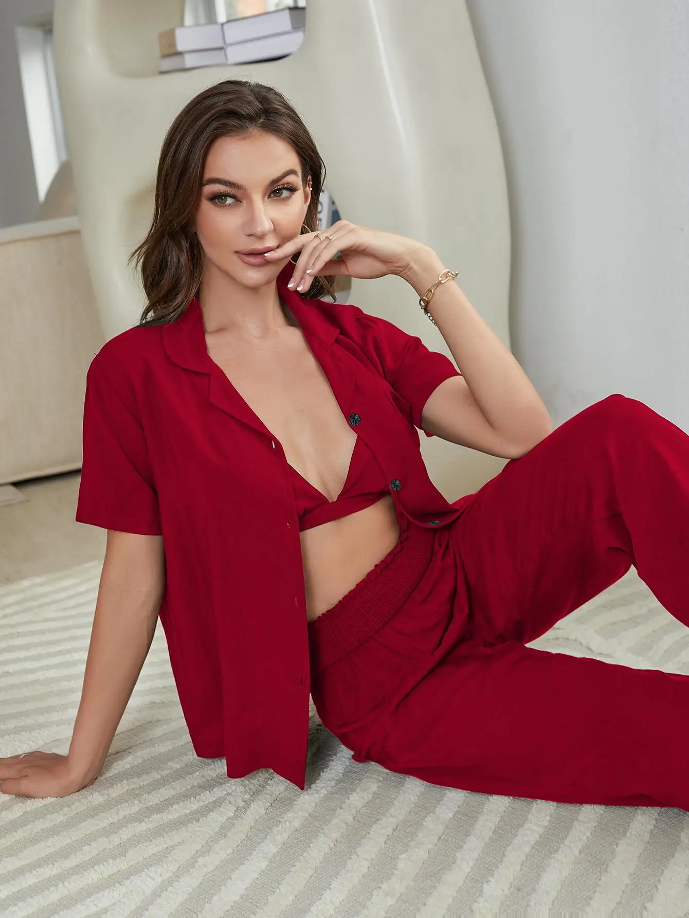 Summer Women\'s 3 Piece Sleepwear Short Sleeve Button Down Shirt And Pants Pajama Set With Sexy Bra Solid Red Notched Top&Trouser