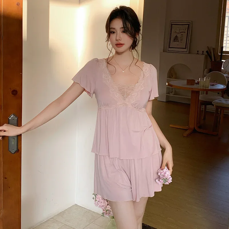 French Style Modal Short Sleeve Pajama Set, Soft Loose Lace Trim Sleepwear for Women