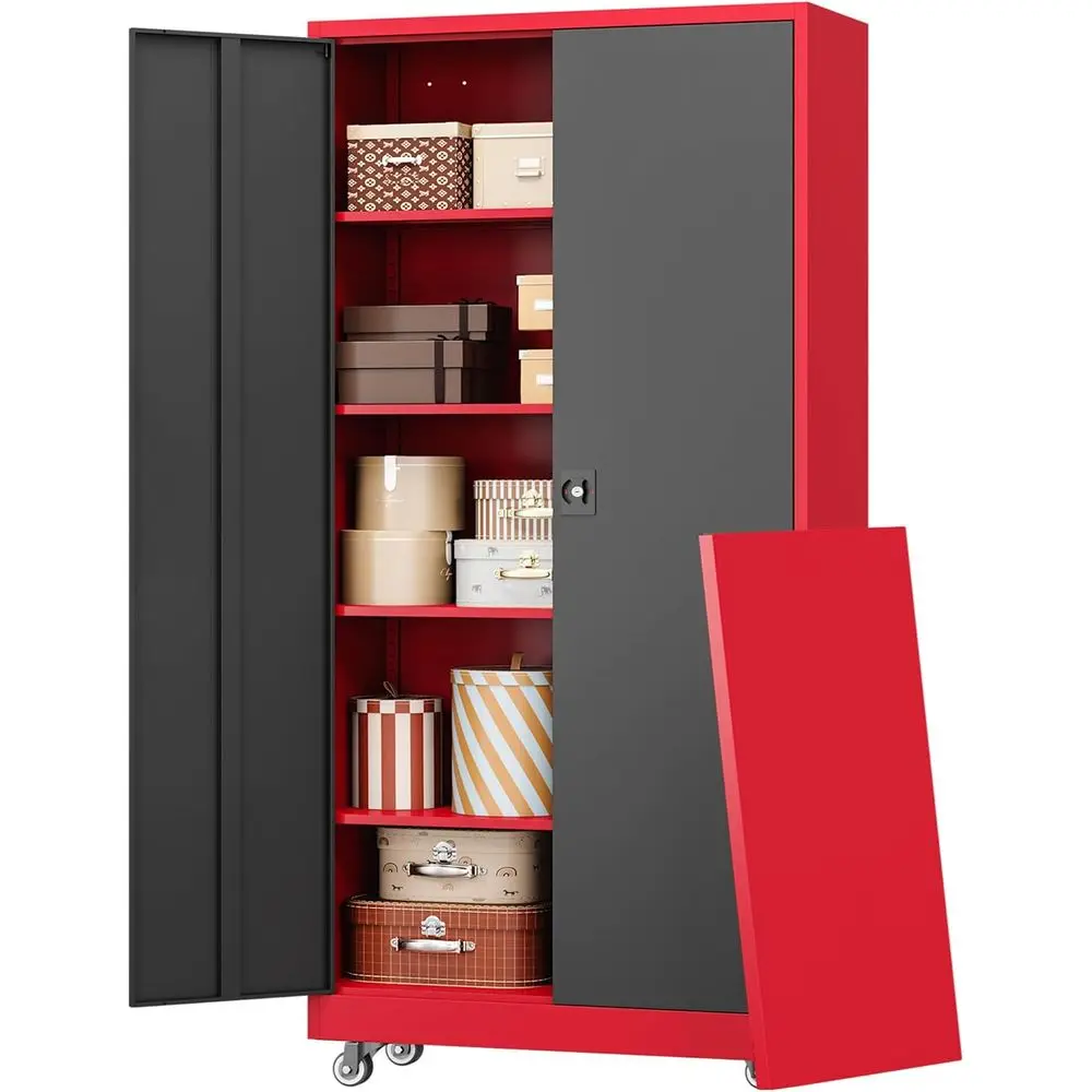 

75 Tall Heavy-Duty Storage Cabinet with Lock, 2 Doors & 4 Shelves for Garage, Office, School - Red/Black