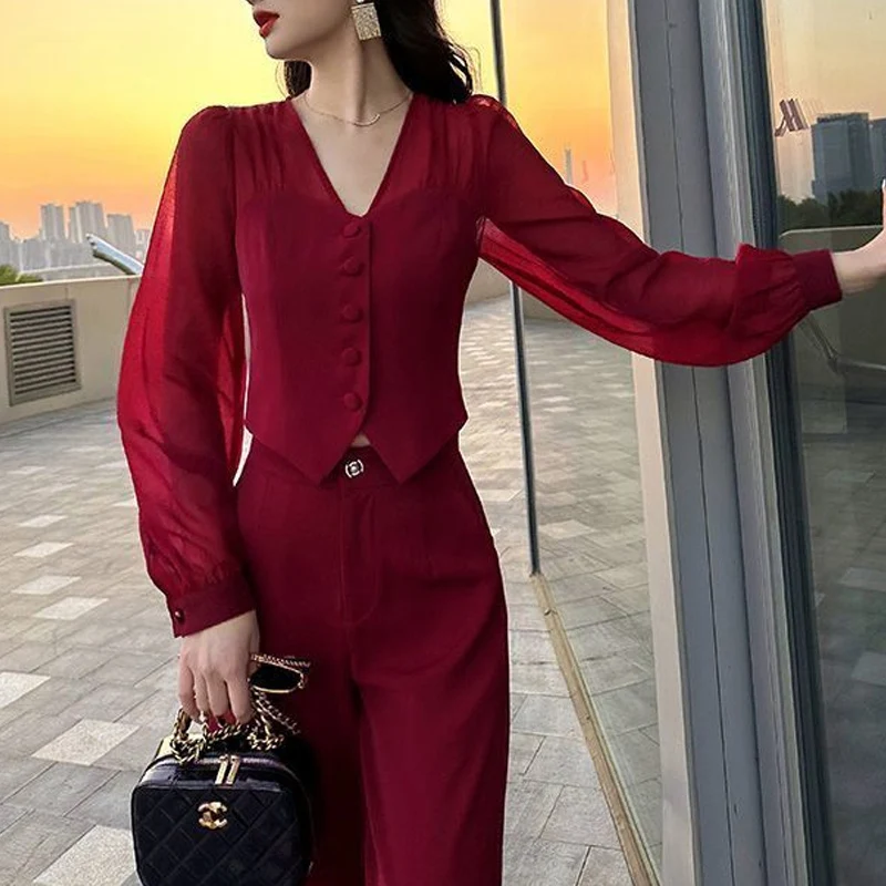 Summer New Solid Color Suit Women V-neck Slim Long Sleeve Lace Patchwork Button Cardigan and Zipper High Waist Wide Leg Trousers