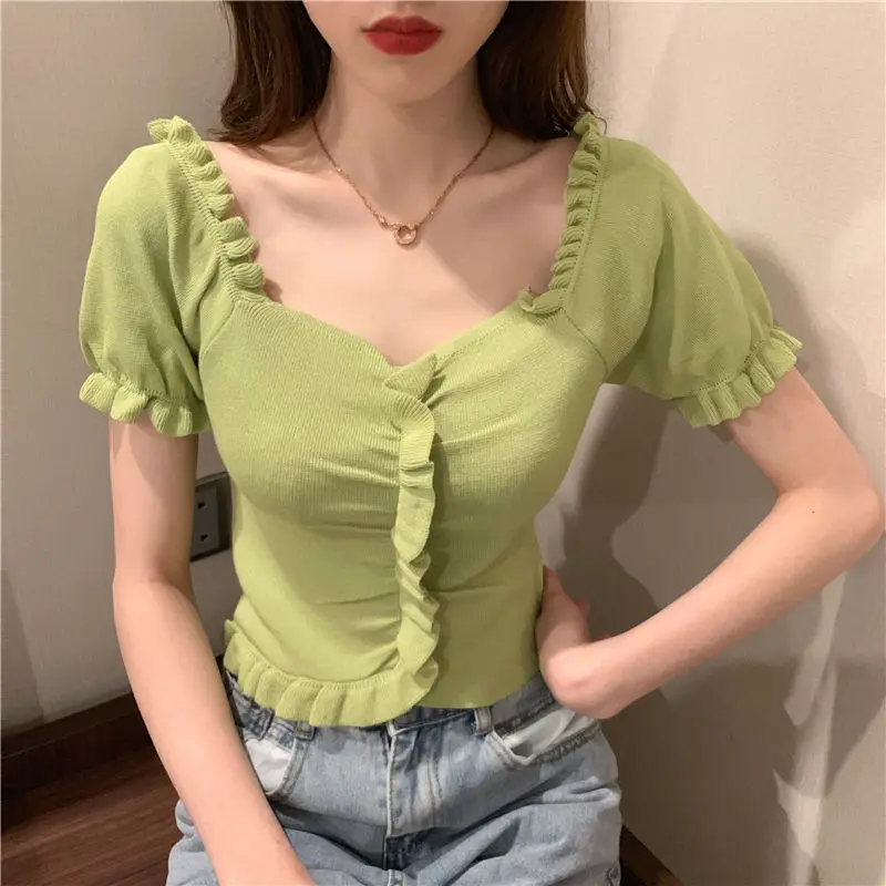 Summer New Short Slim T Shirts Short Sleeve Pleated All-match Solid Color Sexy Tops Tees Sweet Fashion Trend Women Clothing