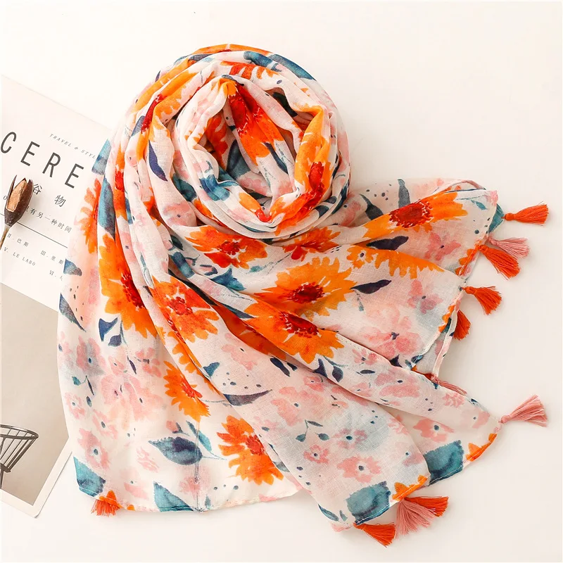 Women Spain Fashion Viscose Scarf Lovely Sunflower Tassel Shawl Wrap Neck Pashmina Stole Winter Foulard Bufandas Muslim Hijab