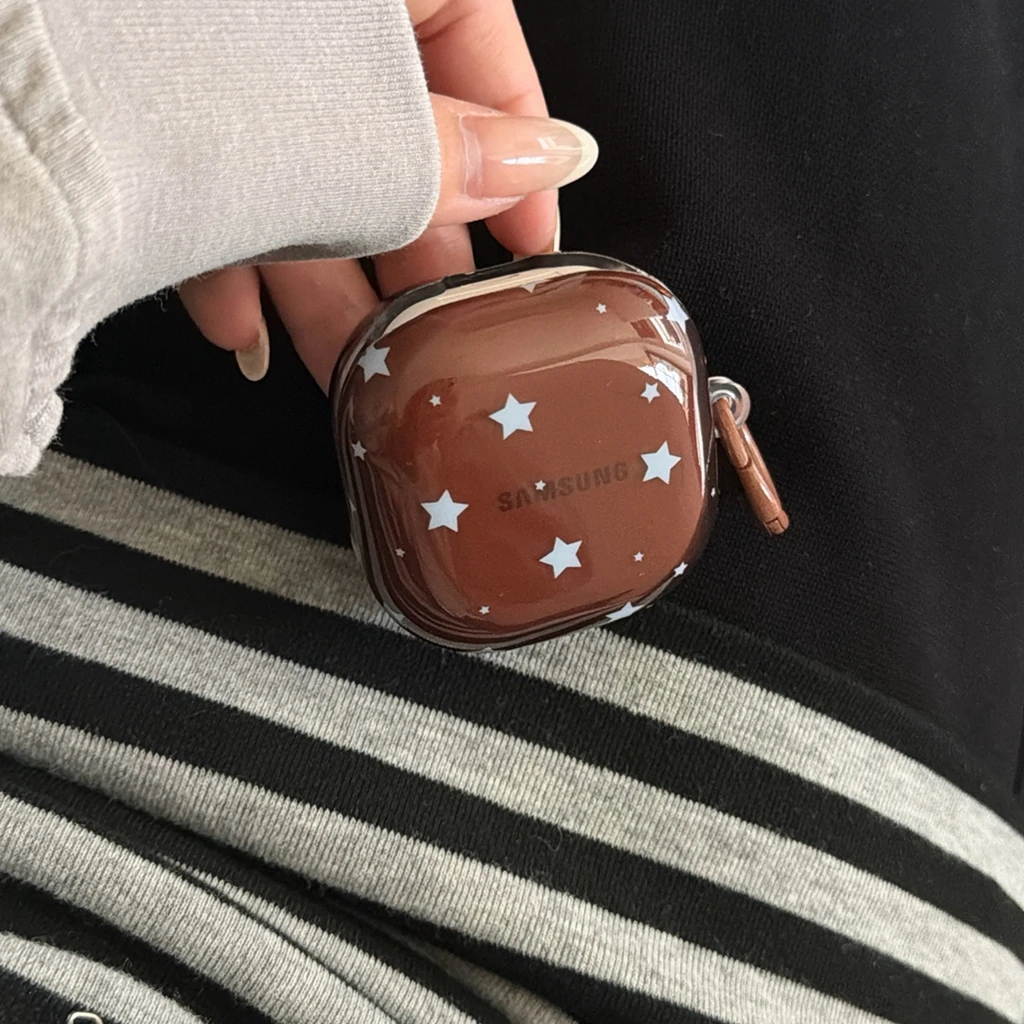 Retro Brown Semi Transparent Effect Blue Star Pattern Earphone Cover Case for Samsung Galaxy Buds 3 Pro 2 Pro FE Live Core