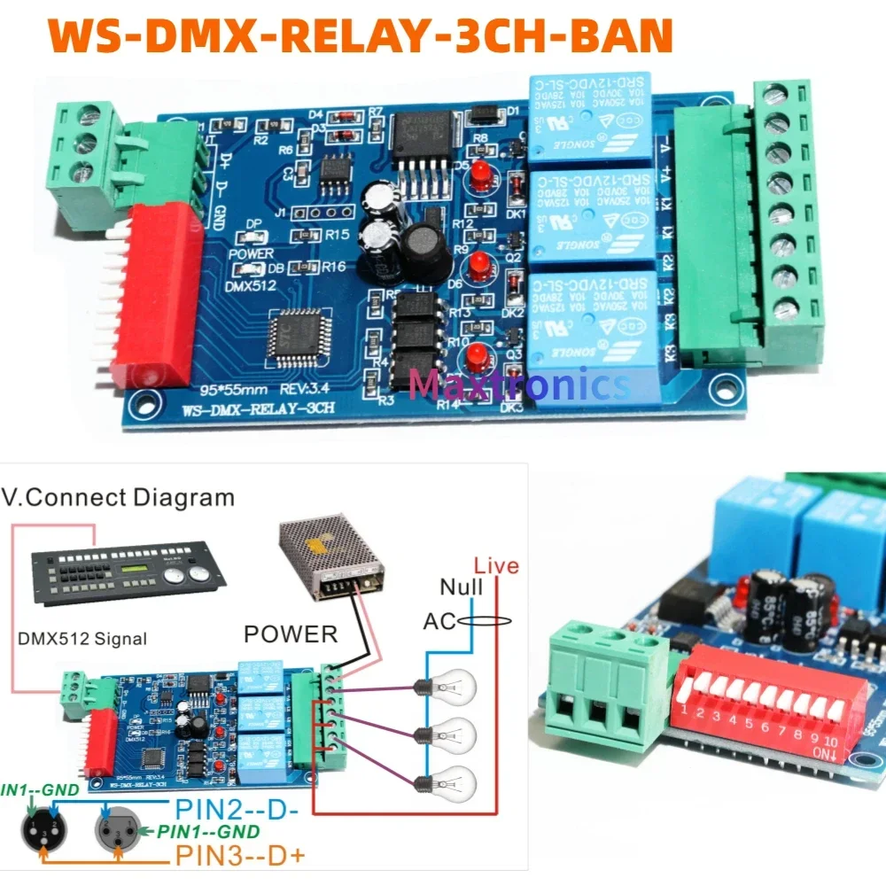 

DMX512 Decoder DC12V 3CH Relay Controller WS-DMX-RELAY-3CH-BAN for RGB LED Strip Light /Module Lamp Dump Node Relay Switch