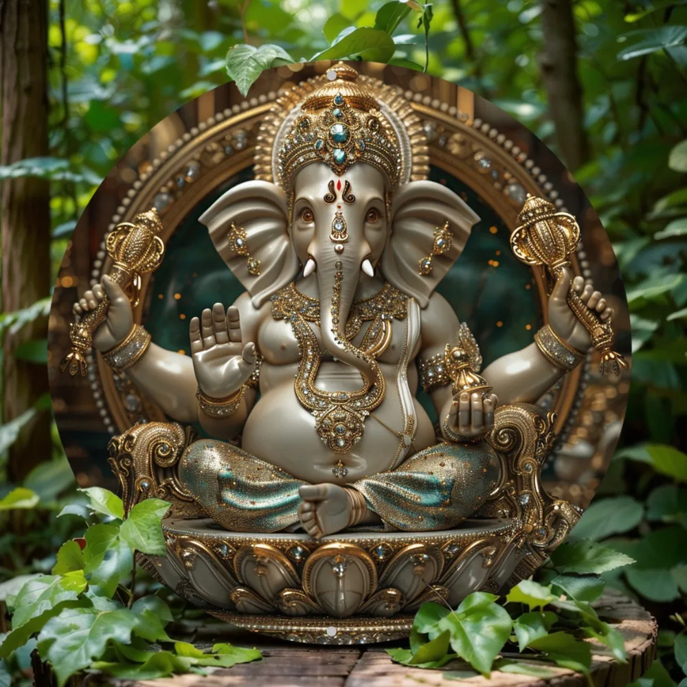 

Aluminum Elephant God Wall Art Decor Sign, Classic Style, Durable 2D Round Flat Metal Plaque for Home, Office Room, Gift
