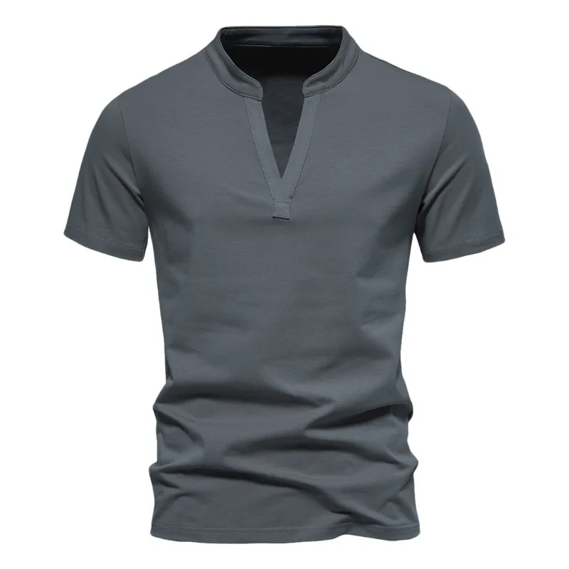 

New Men's Deep V-neck Short Sleeved T-shirt with Elastic Base for Foreign Trade, Summer Stand Up Collar T-shirt Top