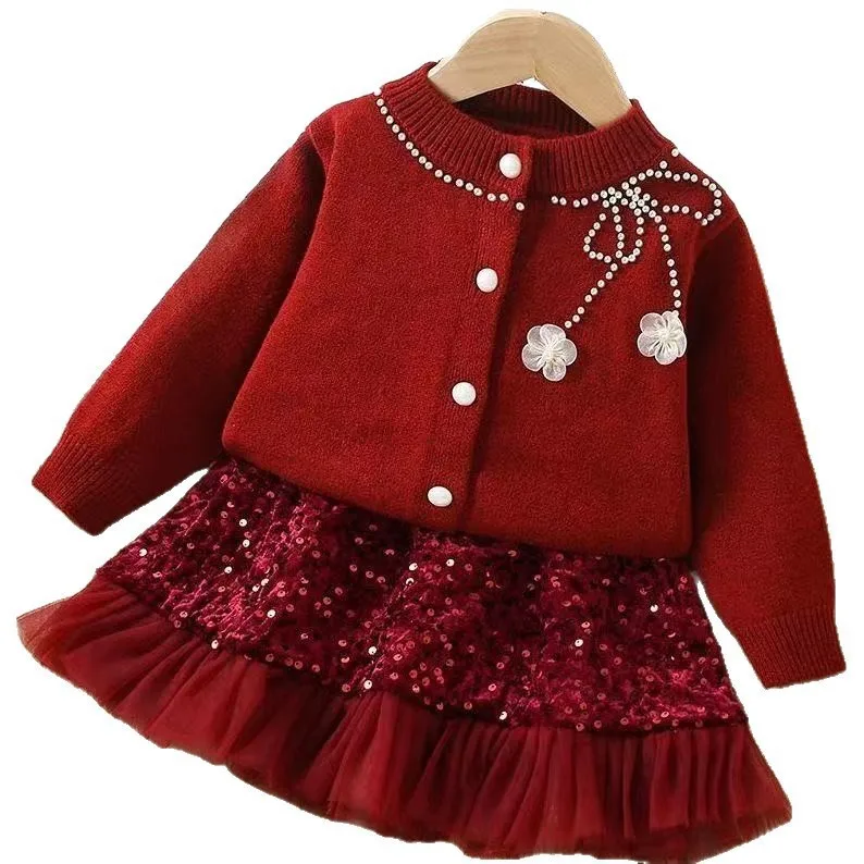 

Autumn/Winter New 2025 Girls' Knitted Skirt Set Korean Round Neck Flower Cardigan Sparkling Skirt Two Pieces