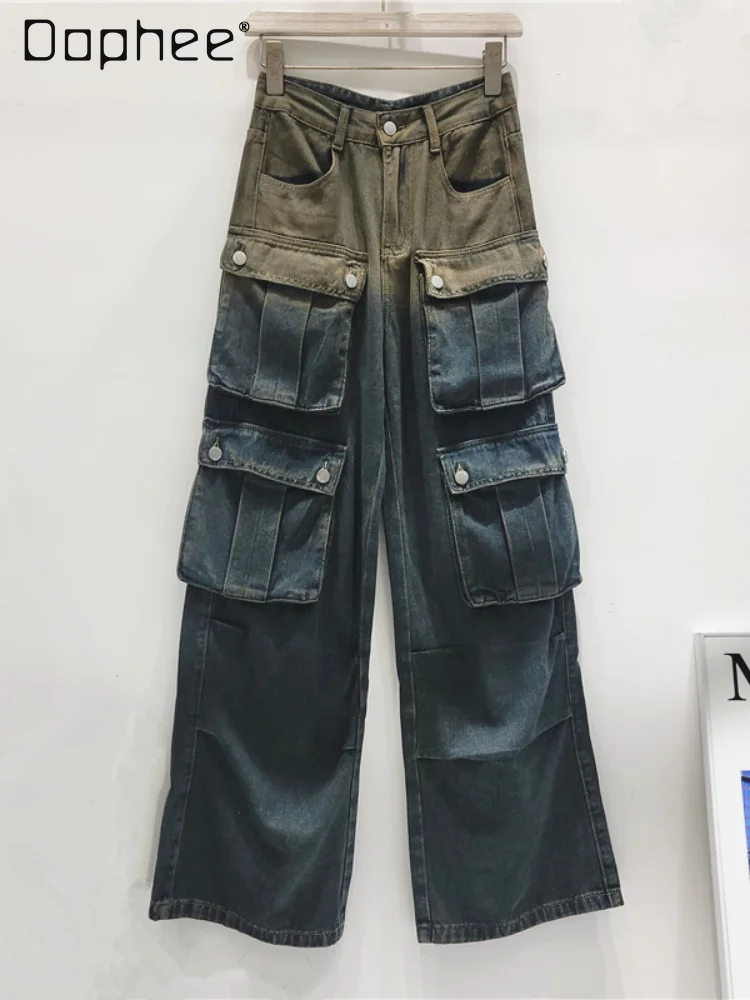 

Cargo Jeans Men and Women Spring and Autumn Retro Washed Gradient Multi-Pocket Loose Hip Hop Wide Leg Draped Pants baggy jeans