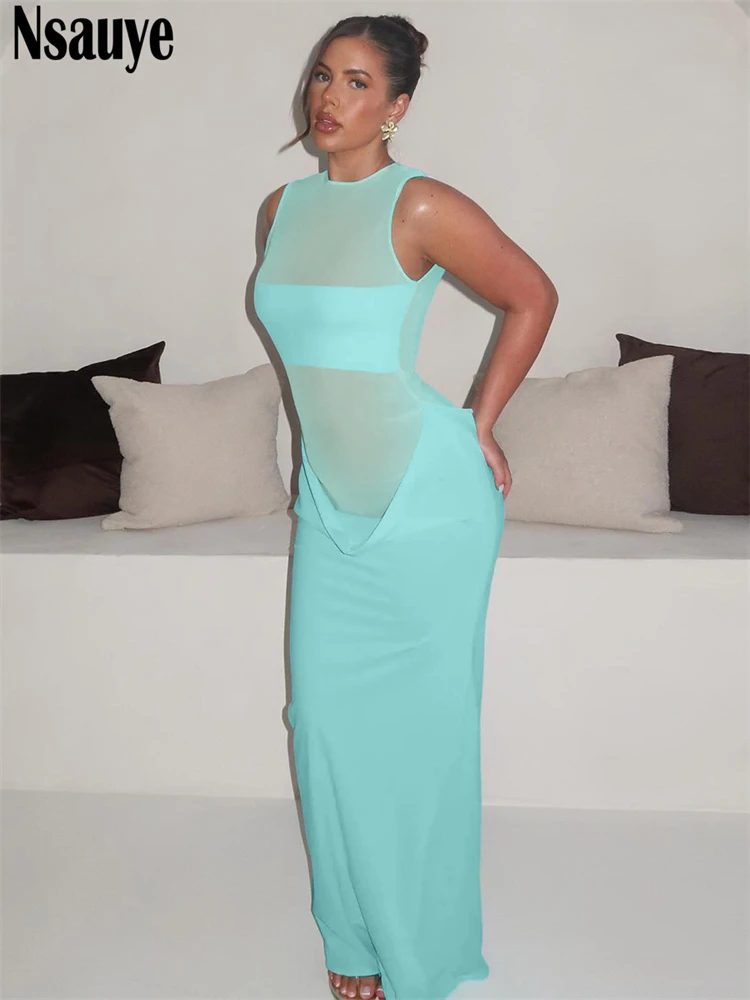 

Nsauye Pullover Women Elegant See Through Vintage 2025 Summer Sexy O Neck Dress Evening Party Night Club New Fashion Dress Long