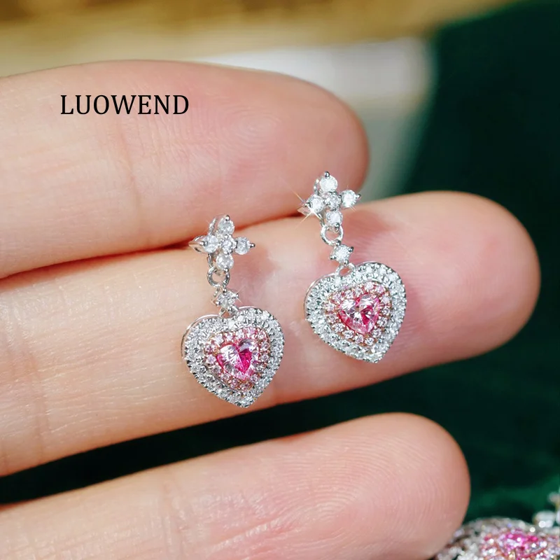 LUOWEND 100% 18K White Gold Earrings Romantic Heart Shape Real Natural Pink Diamond Stud Earrings for Women High Wedding Jewelry