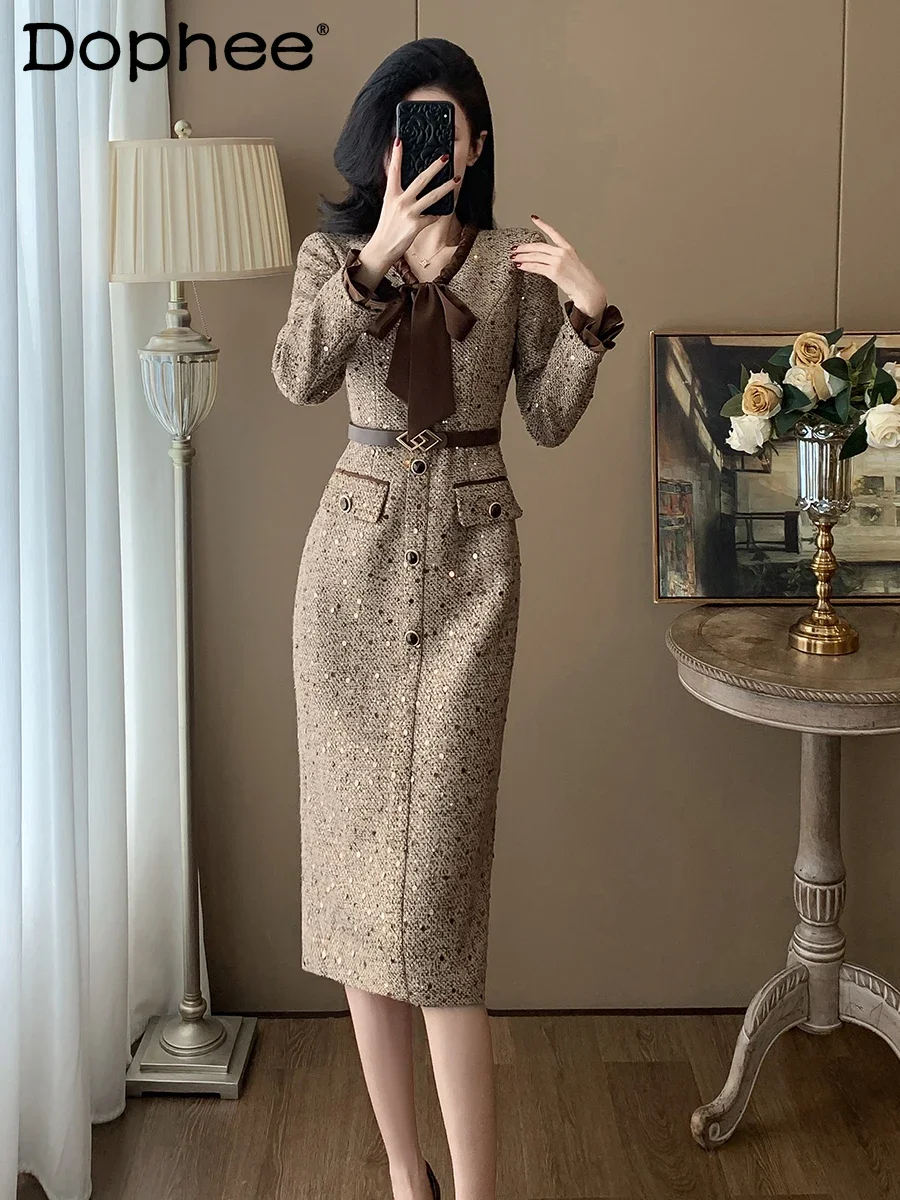 Autumn Temperament High Waist Dress Women High-end Bow Collar Mid Length Celebrity Dress Pleated Splicing Long-sleeved Dresses