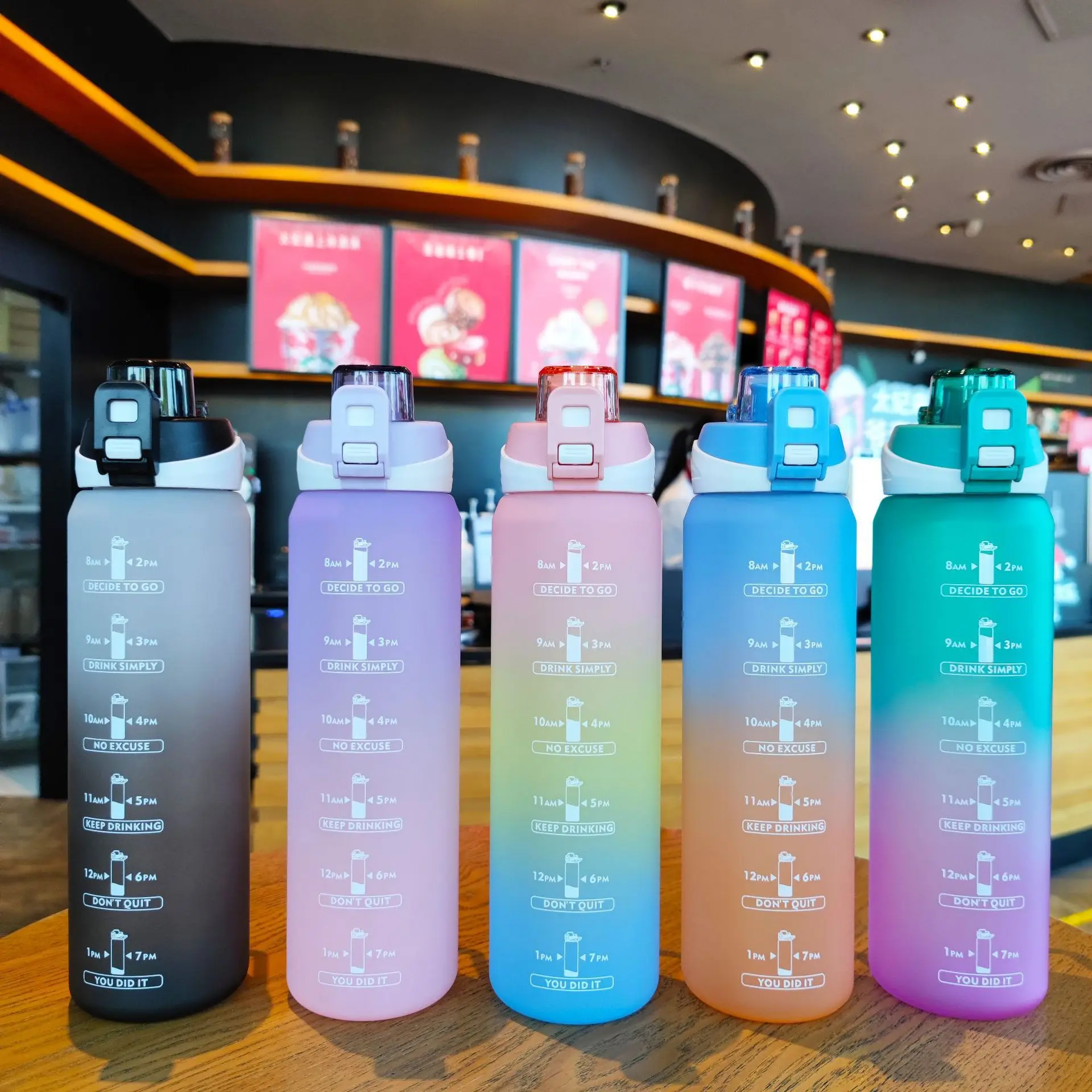 

Colorful gradient water bottle frosted sports kettle portable handle straight drink car cup 1000ml bounce cover