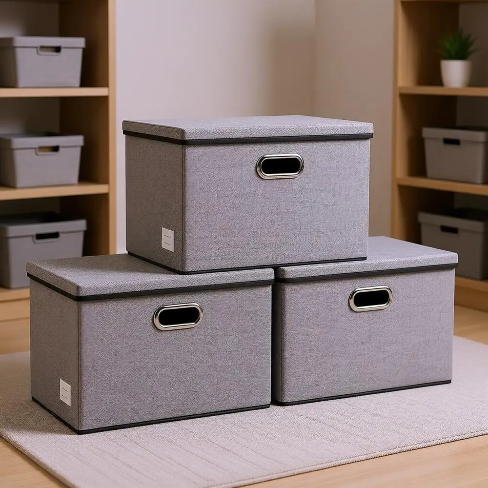

Collapsible Storage Bins with Lids 3-Pack Linen/Cotton Blend Foldable Storage Boxes Organizer Containers Baskets Cube with Cover