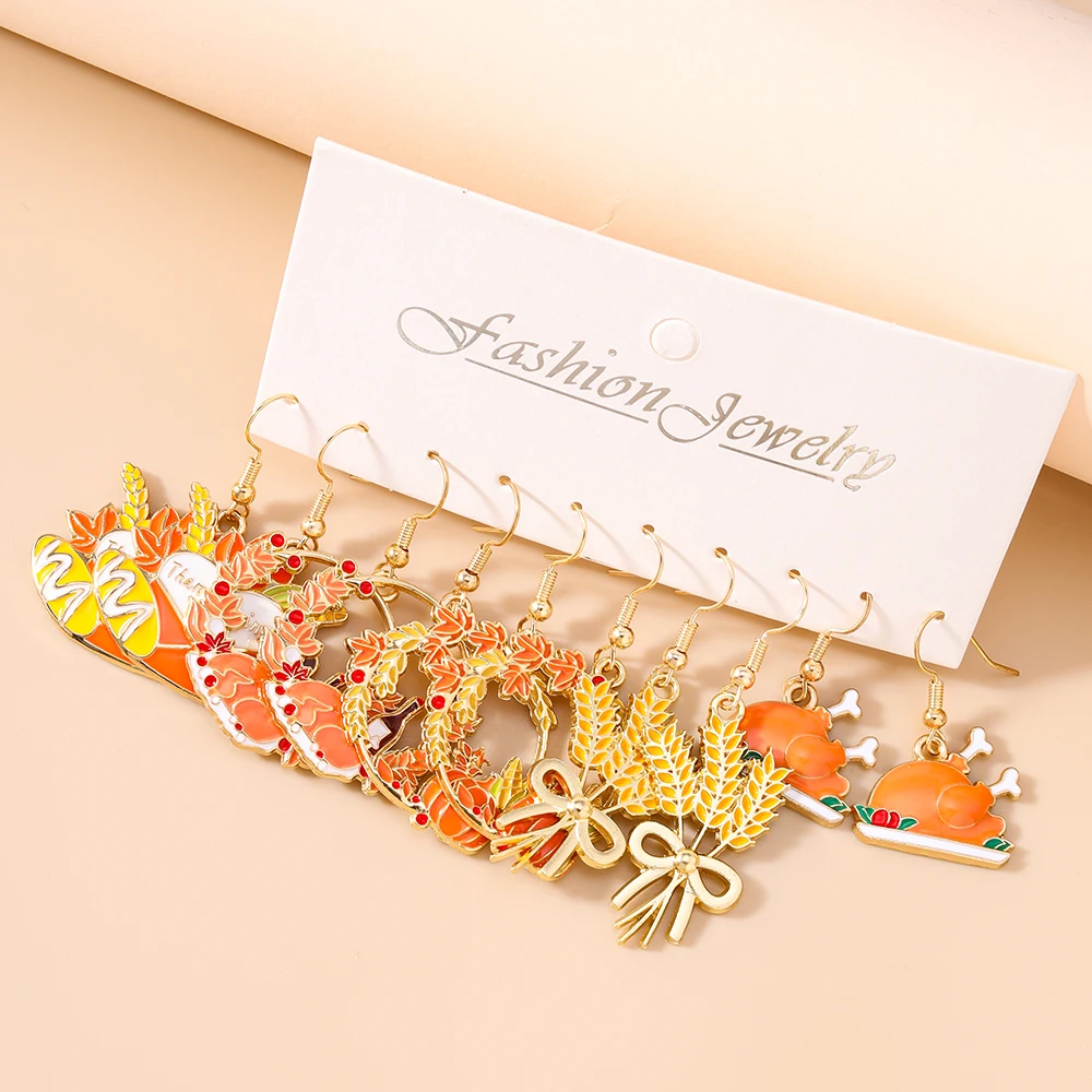 5pairs/set Autumn Maple Leaf Wheat Pumpkin Drop Earrings for Women Girls Thanksgiving Day Jewelry Gifts