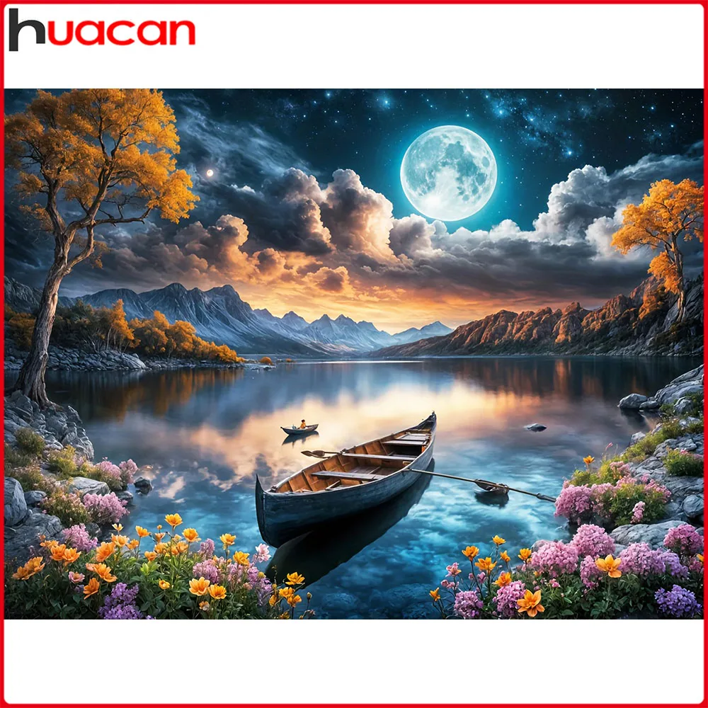 Huacan Diamant-Gemälde, Mond, Blumenboot, Diamant-Mosaik, Landschaft, neue Kollektion, Bild von Strasssteinen