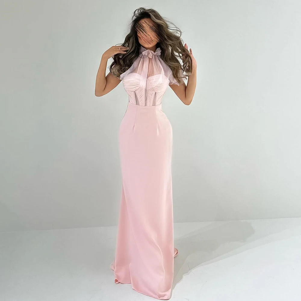 

Graceful and Formal Pink Saitn High Neckline Short Sleeves Evening Dress Straight Floor Length Sweep Train Pleat Prom Party Gown